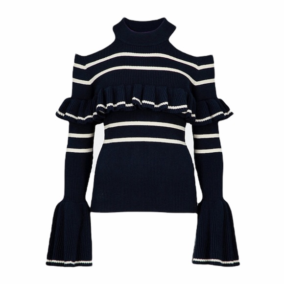 Self-Portrait Cold Shoulder Frill Stripe Sweater NWT 8